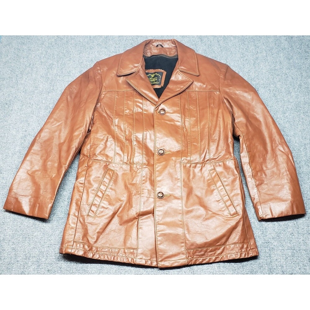 Genuine Leather Mens 38 Brown Button Collared Long Sleeve Jacket Overcoat